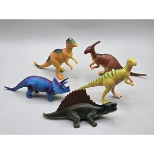 90's Vintage Plastic Dinosaurs Toys Triceratops, Dimetrodon 1:20 Scale Lot Of 5